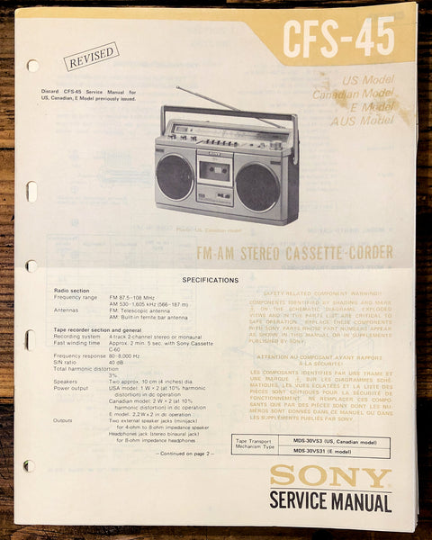 Sony CFS-45 Radio / Stereo Revised Service Manual *Original*