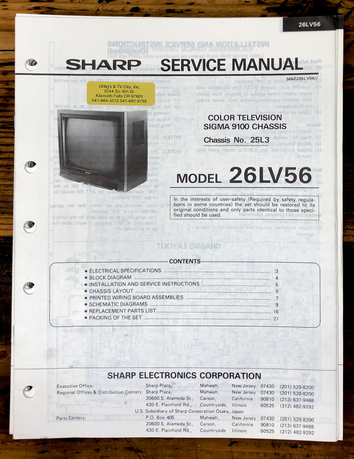 Sharp 26LV56 TV / Television Service Manual *Original*