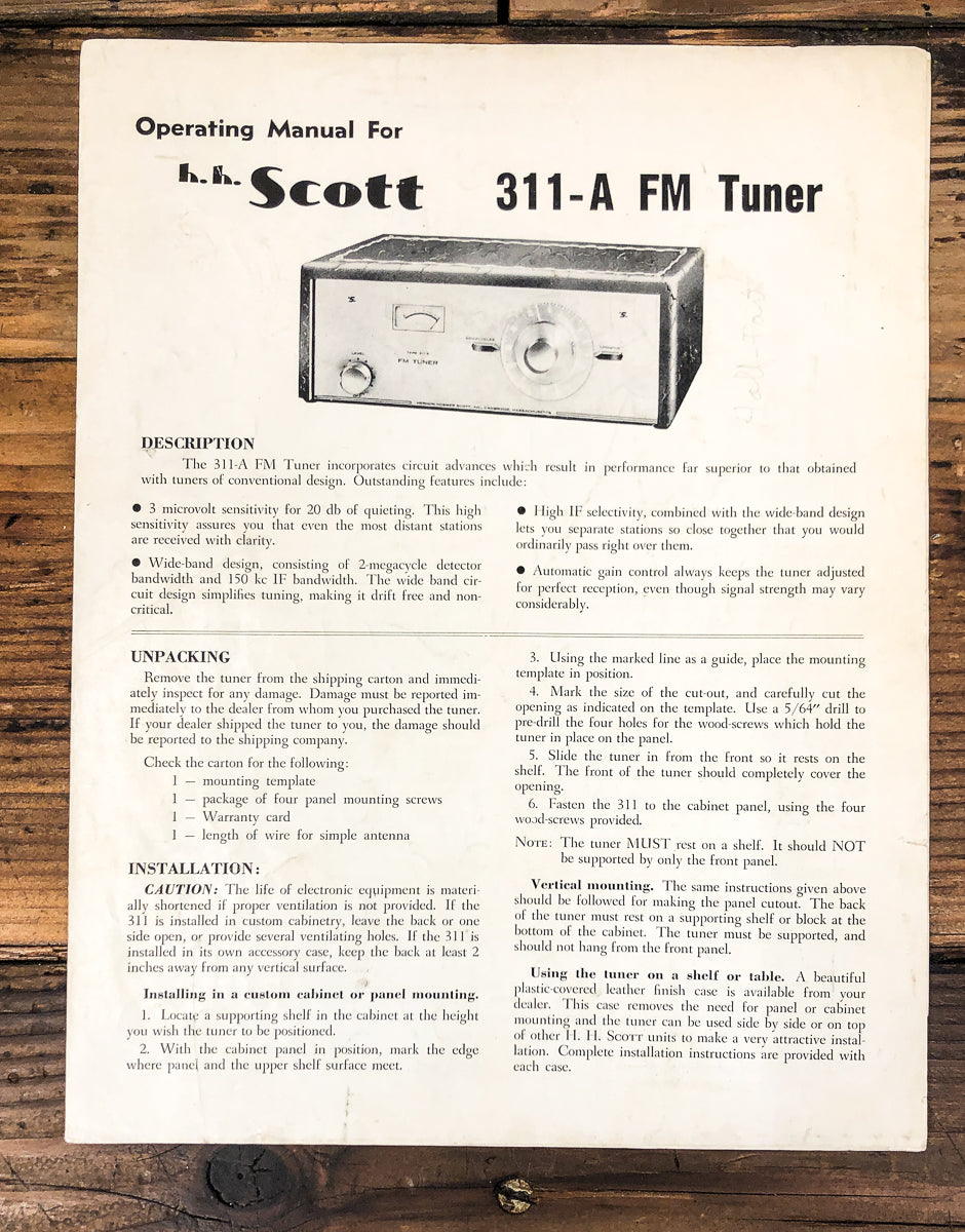 HH Scott Model 311-A 311A Tuner Owners / User Manual *Original*
