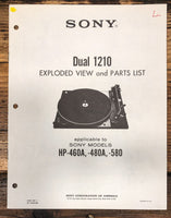 Sony / Dual Model 1210 Turntable Exploded View and Parts List Manual *Original*