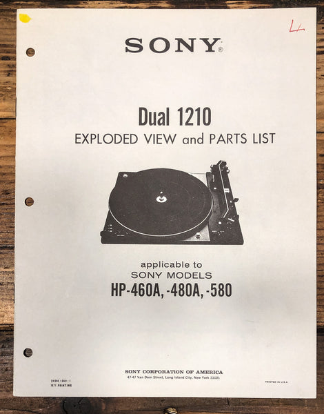 Sony / Dual Model 1210 Turntable Exploded View and Parts List Manual *Original*