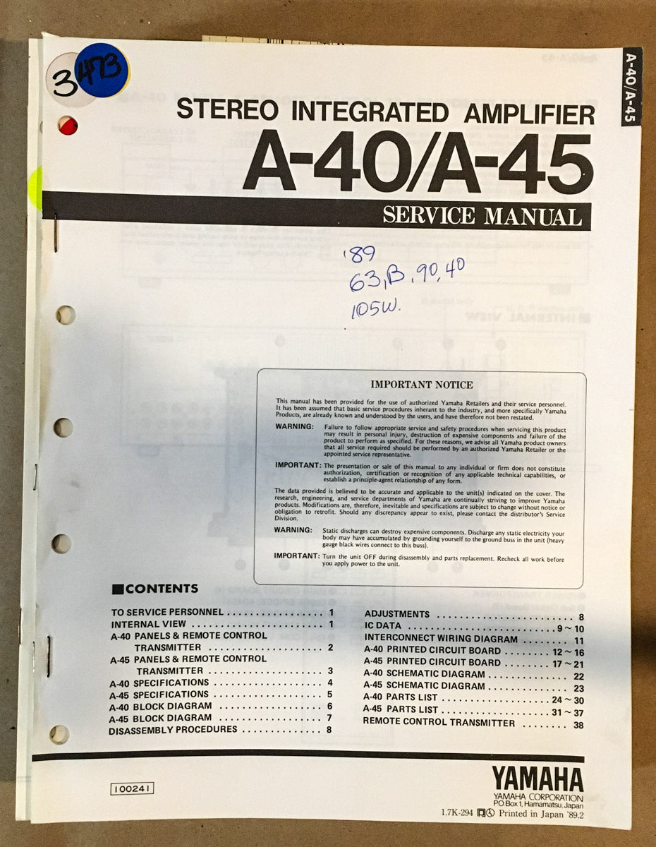 Yamaha A-40 A-45 Amplifier  Service Manual *Original*
