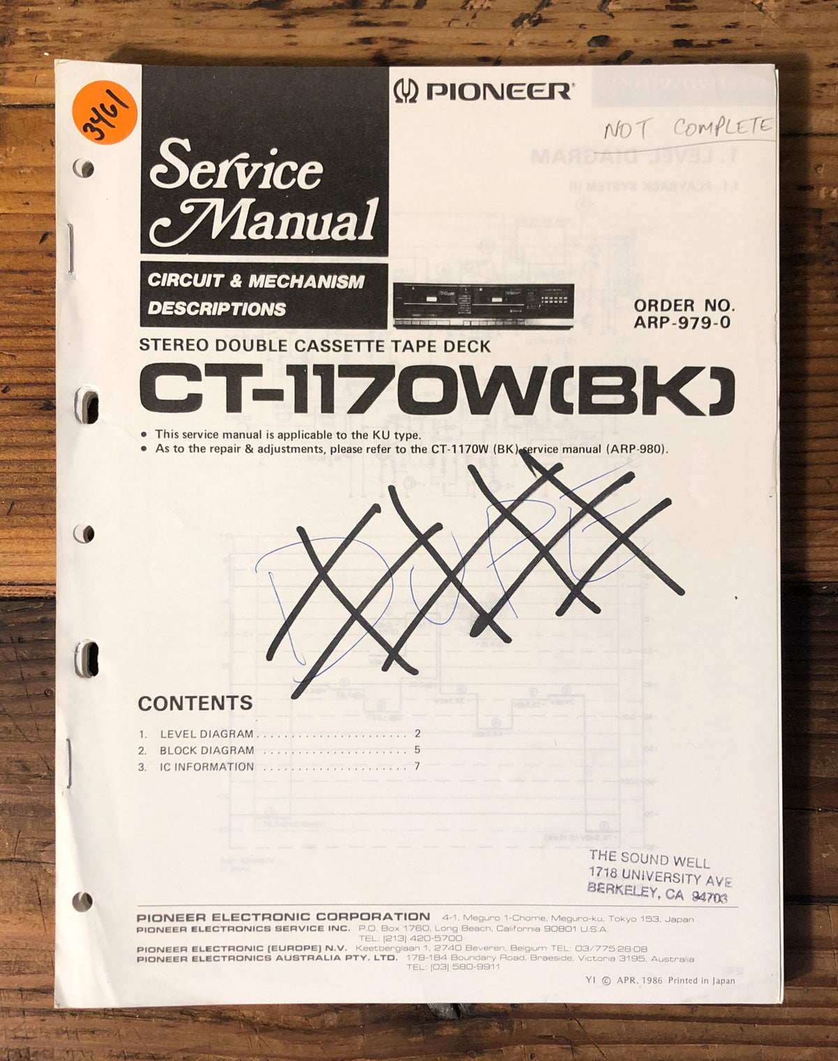 Pioneer CT-1170W Cassette  Service Manual *Original*