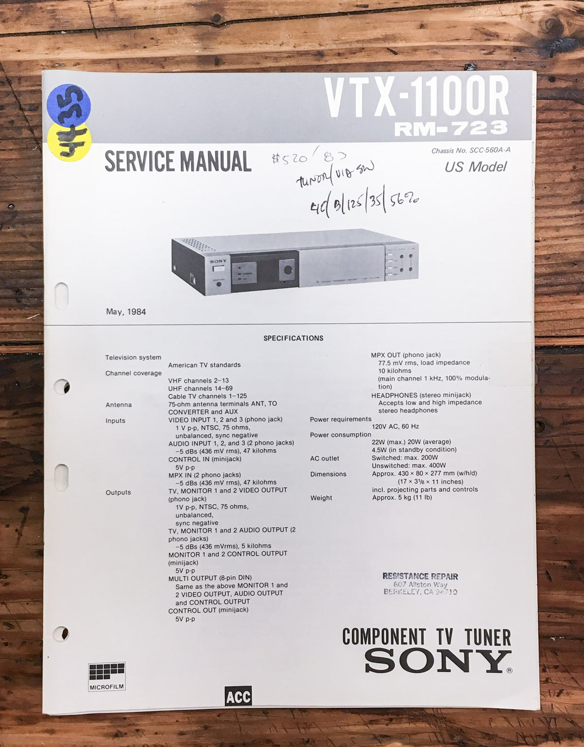 Sony VTX-1100R TV Tuner  Service Manual *Original*