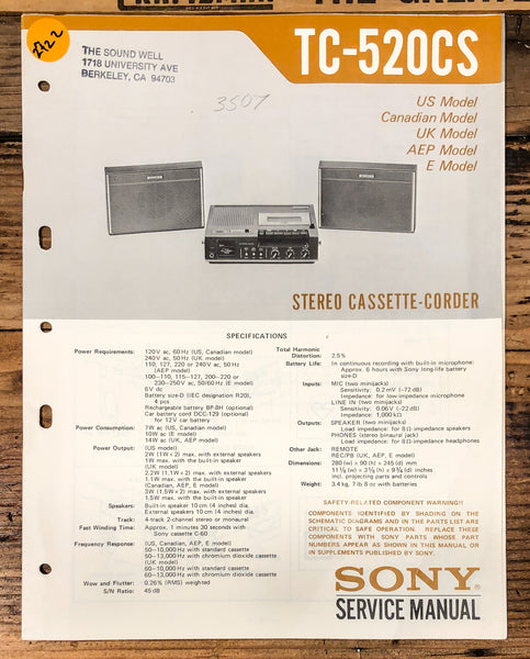 Sony TC-520 CS TC-520CS Cassette  Service Manual *Original*