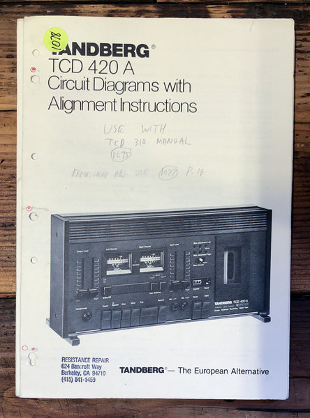 Tandberg TCD-420A Cassette Circuit Diagrams & Alignment Manual  *Original*