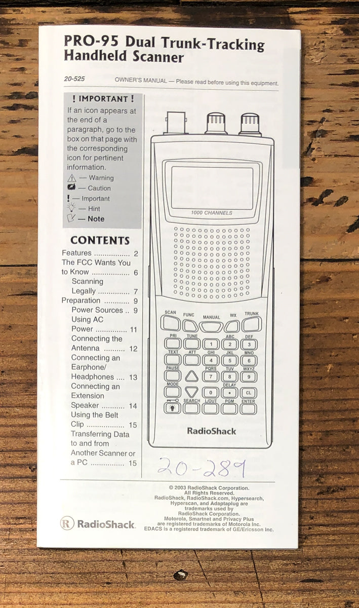 RadioShack PRO-95 Scanner Owners / User Manual *Original*
