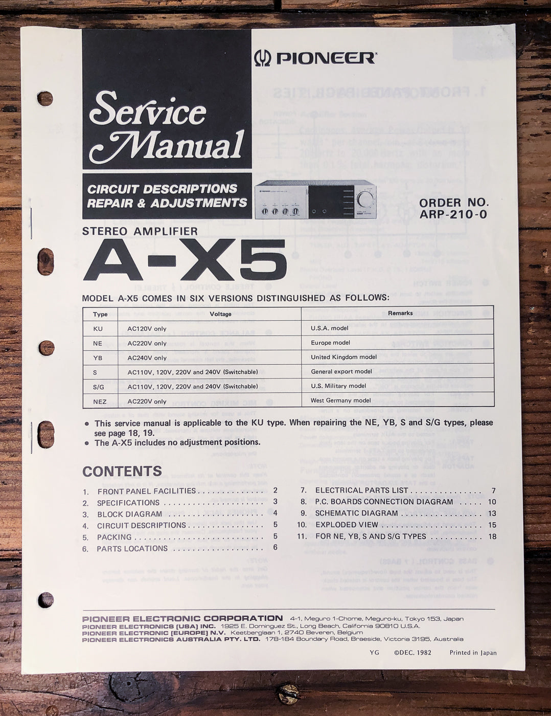 Pioneer A-X5 Amplifier Service Manual *Original*