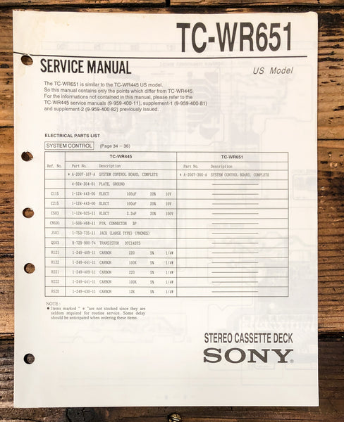 Sony TC-WR651 Cassette Service Manual *Original*