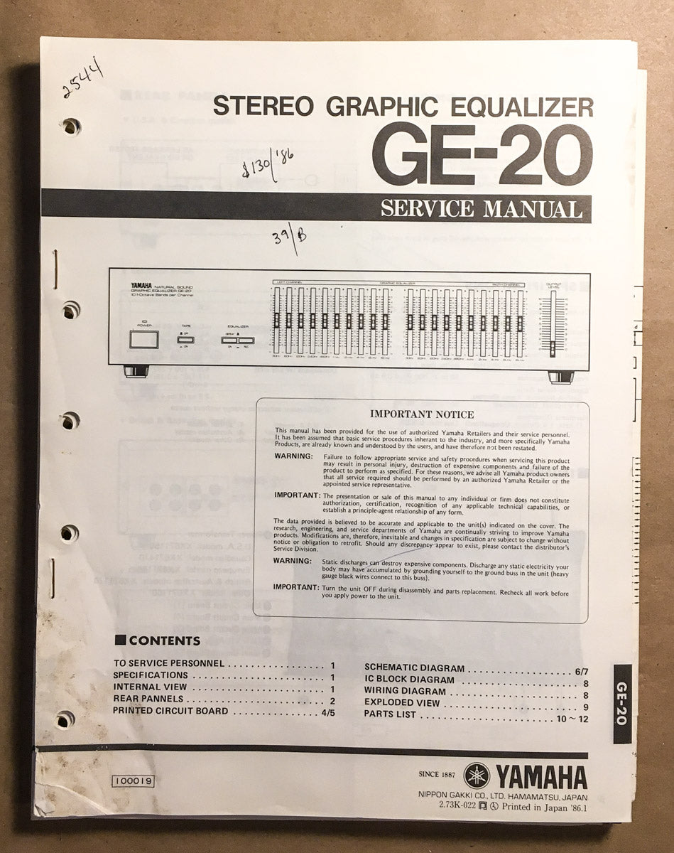 Yamaha GE-20 Graphic Equalizer  Service Manual *Original*
