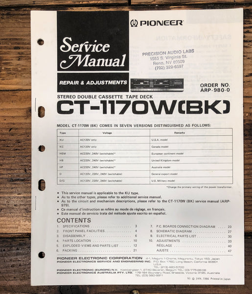 Pioneer CT-1170W Cassette Service Manual *Original* #2