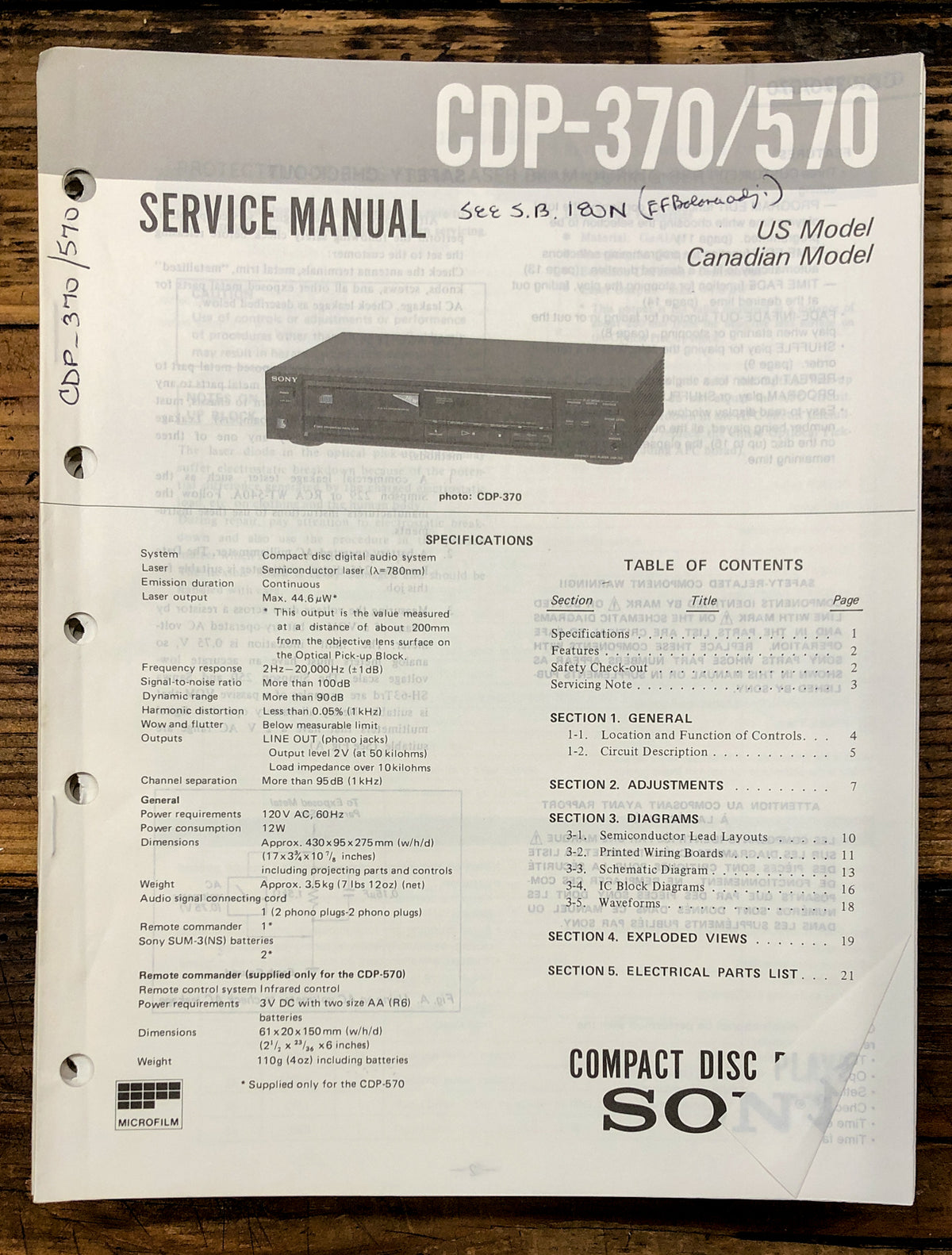 Sony CDP-370 CDP-570 CD Player  Service Manual *Original*