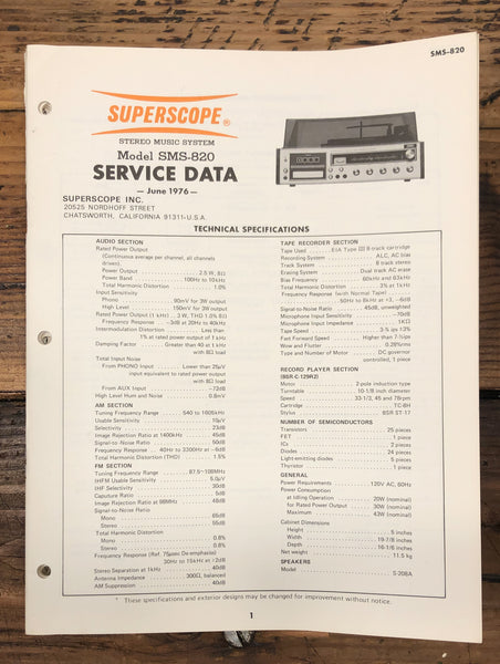 Superscope SMS-820 Stereo  Service Manual *Original*