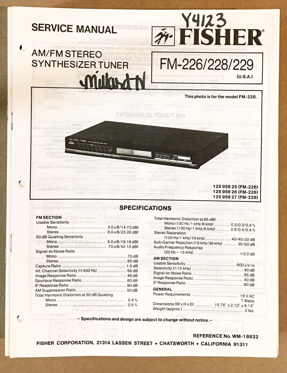 Fisher FM-226 FM-228 FM-229 Tuner Service Manual *Original*