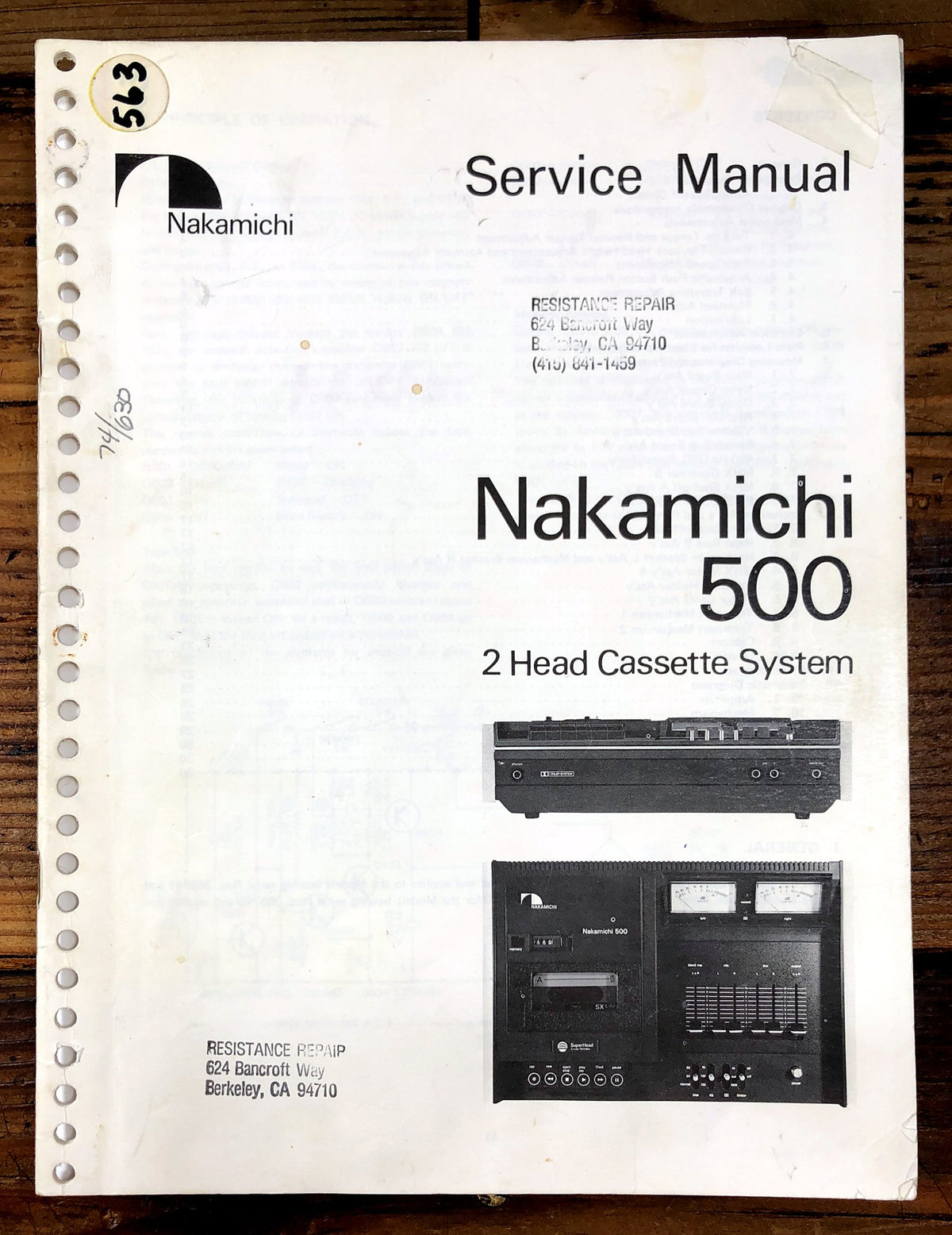 Nakamichi 500 2 Head Cassette System Service Manual *Original*