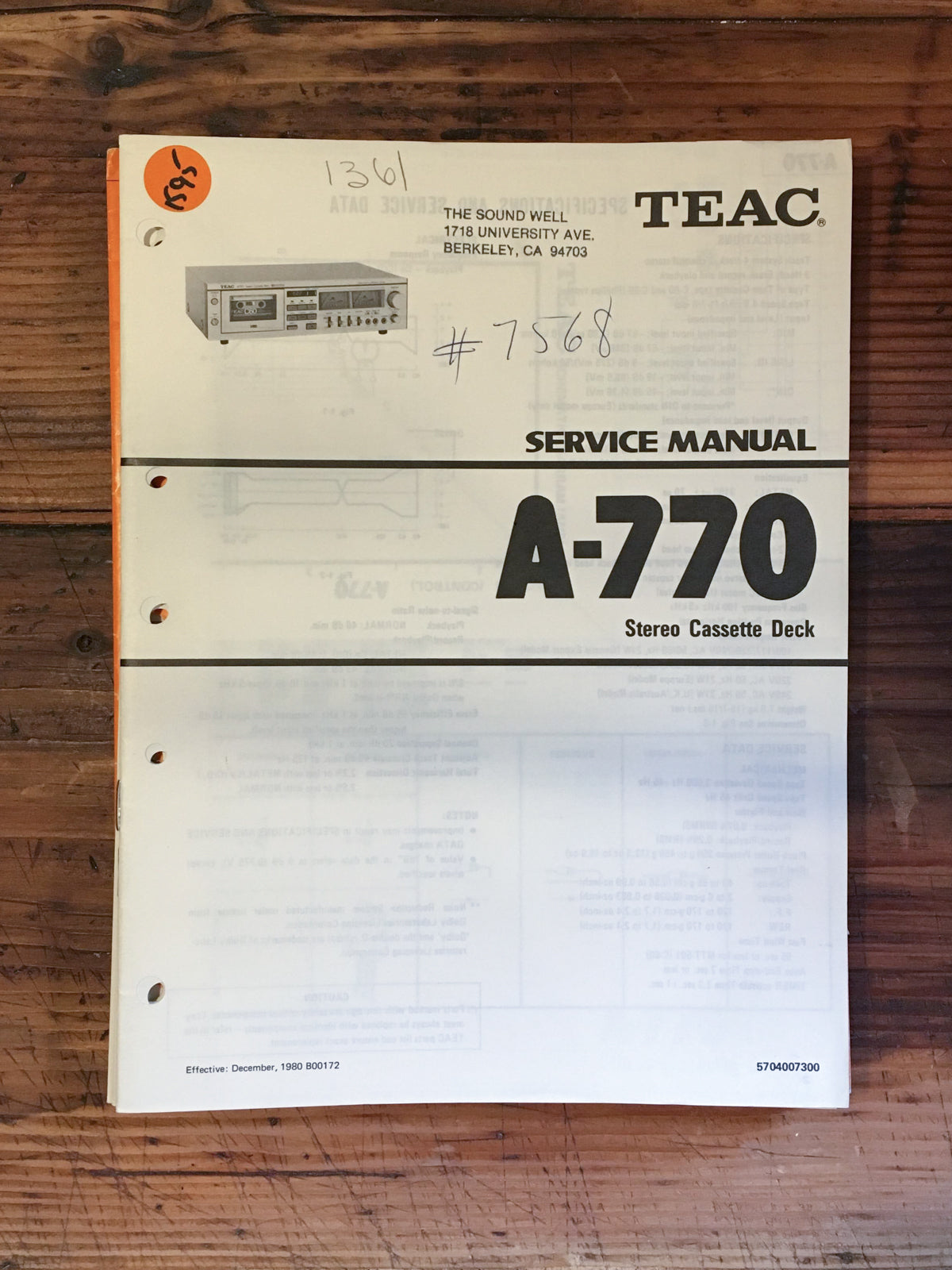 Teac A-770 Cassette Service Manual *Original*