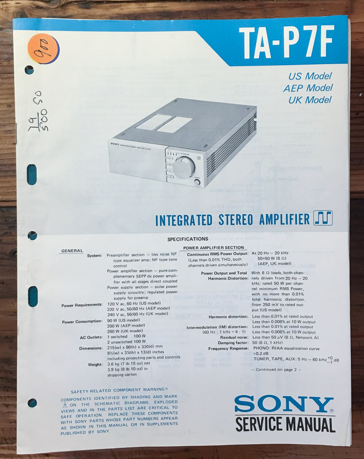 Sony TA-P7F Amplifier  Service Manual *Original*