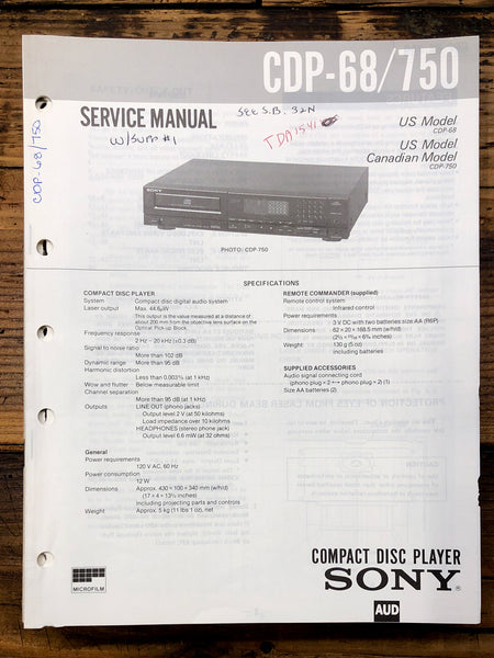 Sony CDP-68 CDP-750 CD Player  Service Manual *Original*