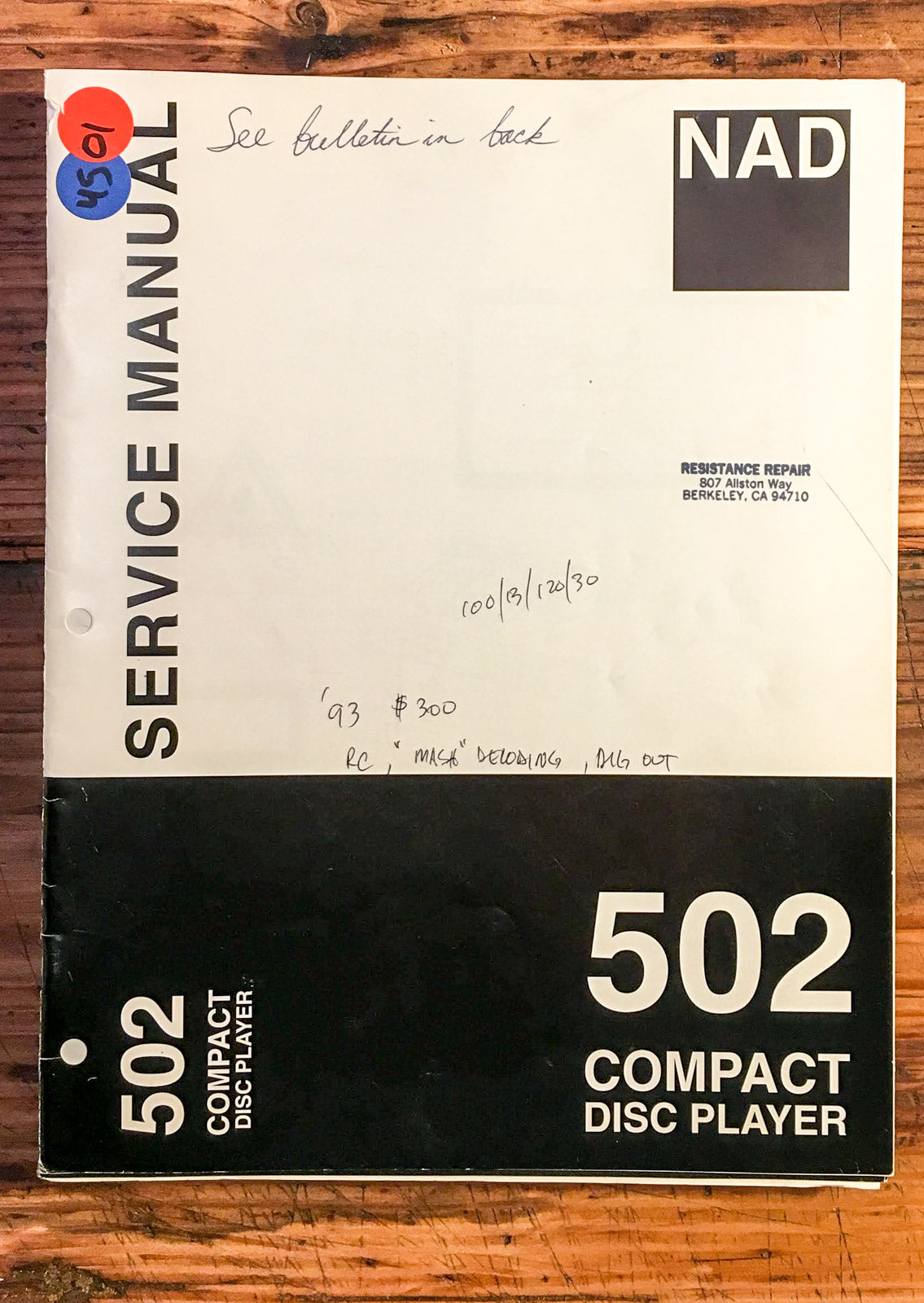 NAD Model 502 CD Player  Service Manual *Original*