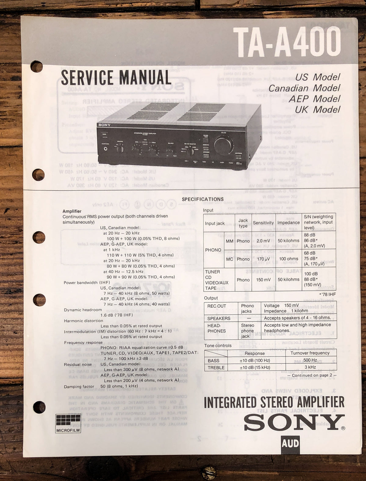 Sony TA-A400 Amplifier Service Manual *Original*