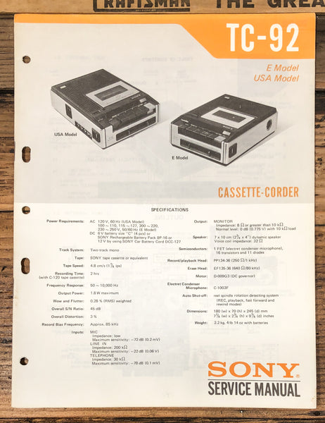 Sony TC-92 Cassette  Service Manual *Original*