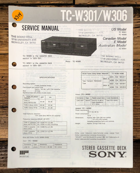 Sony TC-W301 TC-W306 Cassette Service Manual *Original*