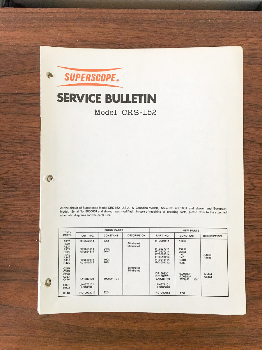 Superscope CRS-152 Radio / Cassette Service Manual Bulletin *Original*