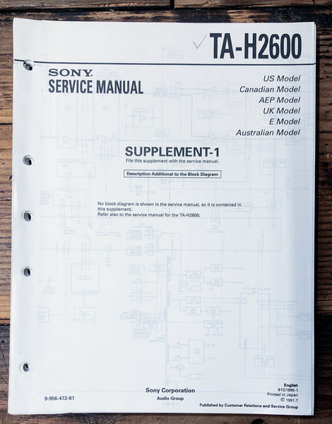Sony TA-H2600 Amplifier Supp. Service Manual *Original*