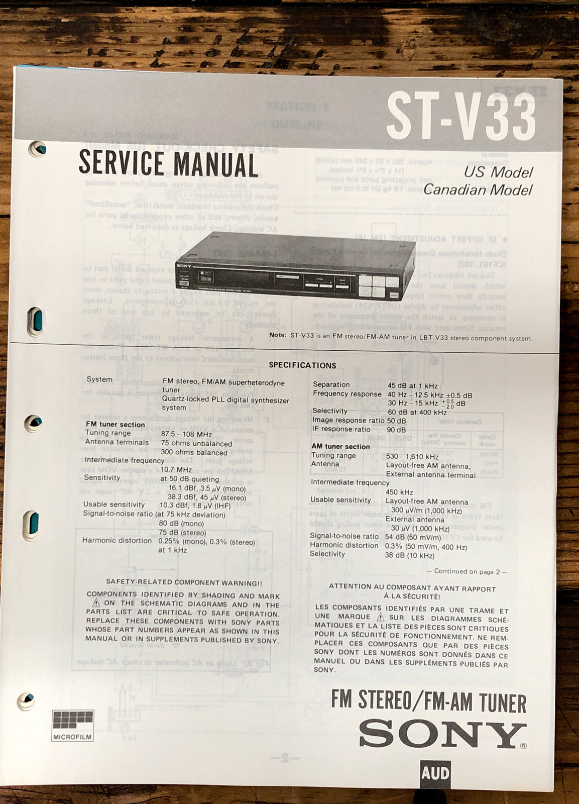 Sony ST-V33 Tuner  Service Manual *Original*