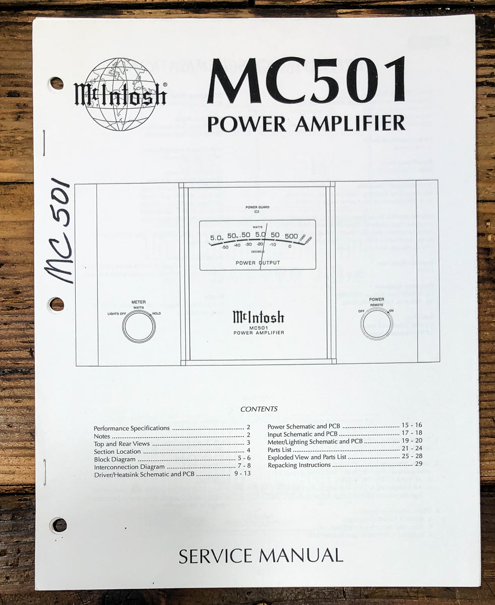 McIntosh MC-501 MC501 Amplifier Service Manual *Original*
