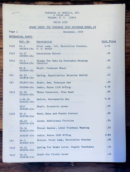Tandberg Model 15 Tape Recorder Parts List Manual  *Original*