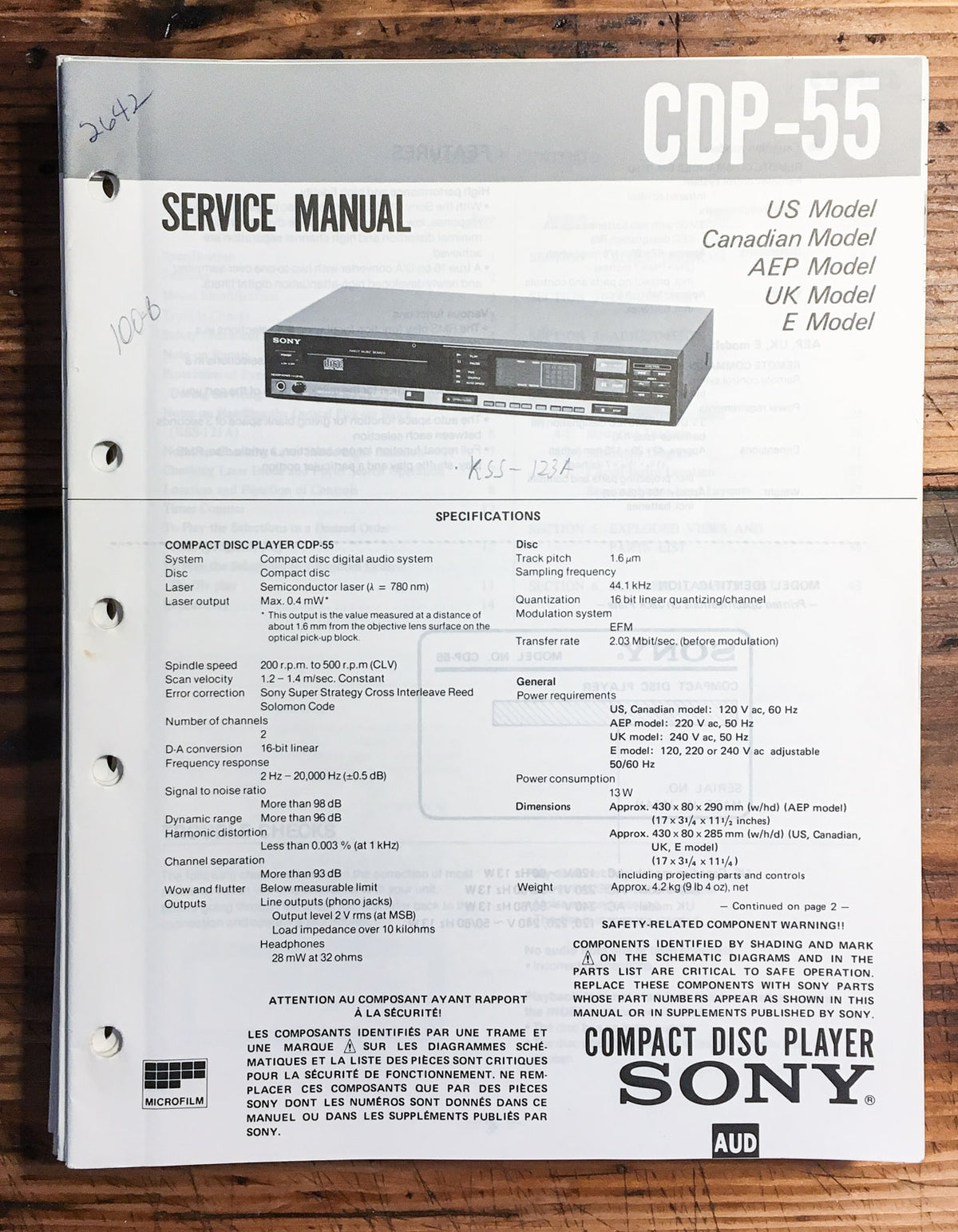 Sony CDP-55 CD Player  Service Manual *Original*