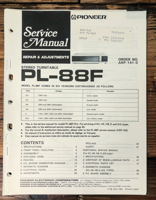 Pioneer PL-88F Turntable Service Manual *Original*