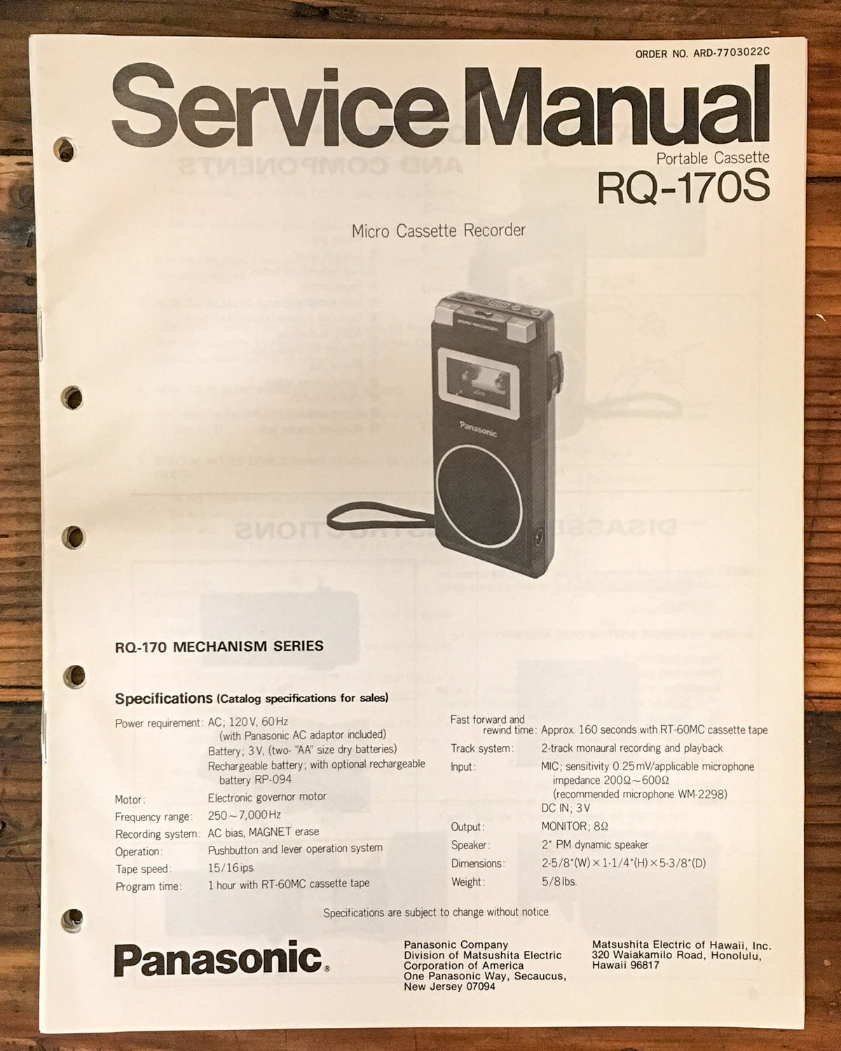 Panasonic RQ-170S Portable Cassette  Service Manual *Original*