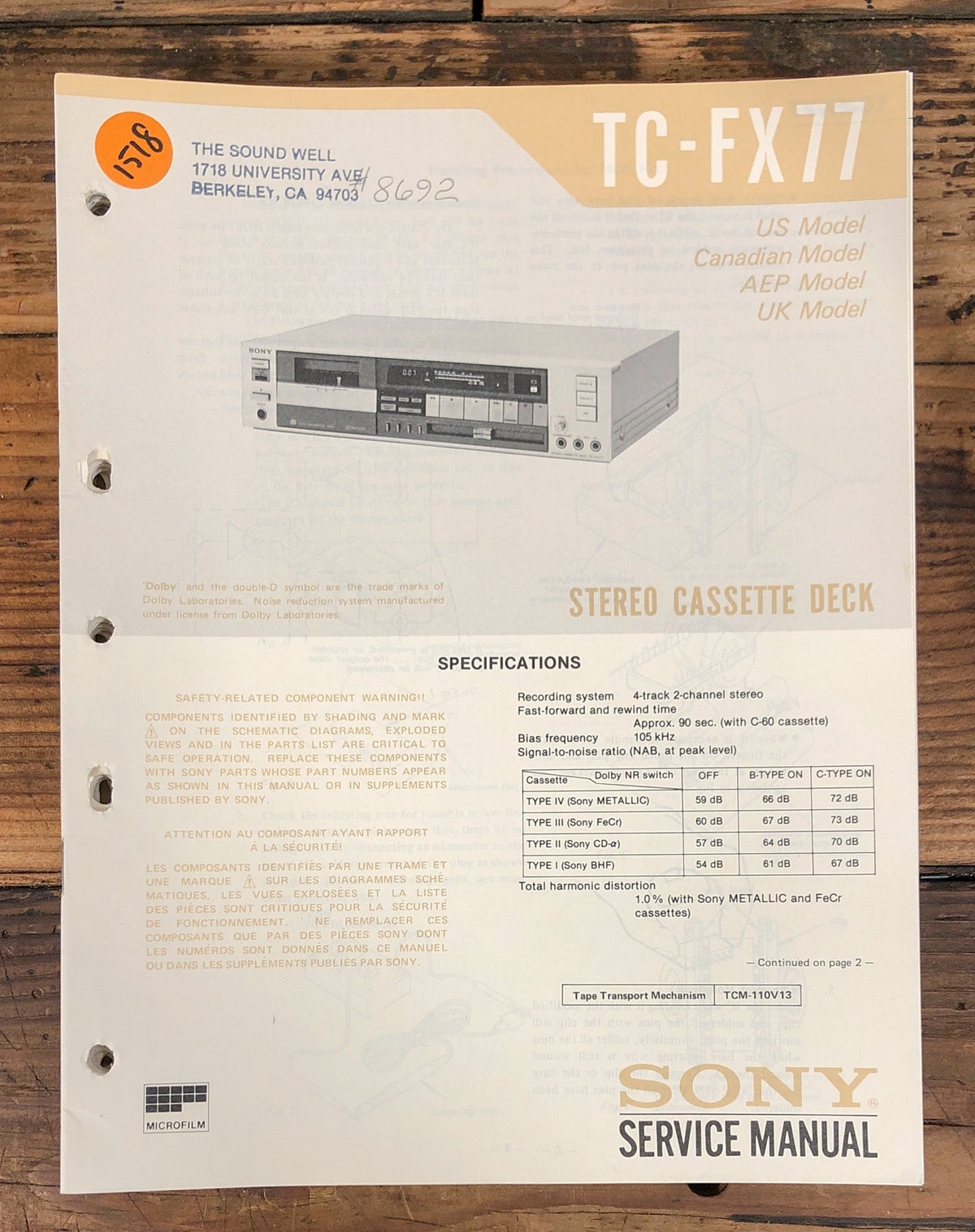 Sony TC-FX77 Cassette  Service Manual *Original*