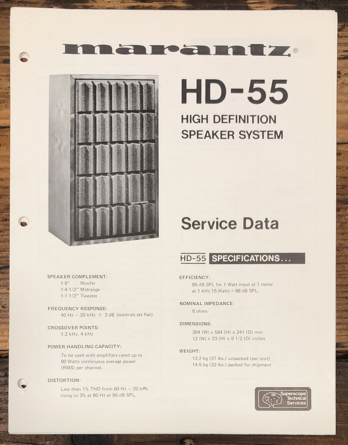 Marantz HD-55 Speaker Service Data Sheet  *Original*