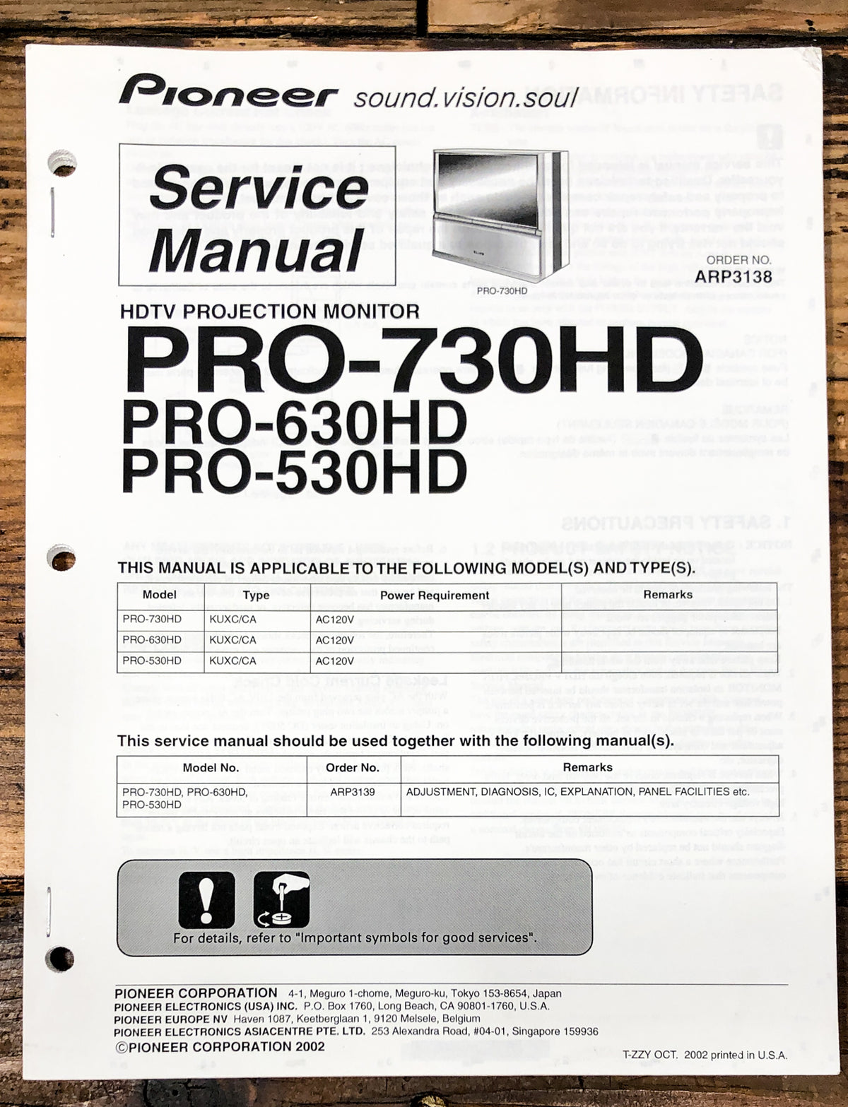 Pioneer PRO-730HD -630HD -530HD Plasma Display Service Manual *Original* #2