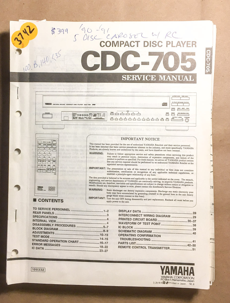 Yamaha CDC-705 CD Player  Service Manual *Original*
