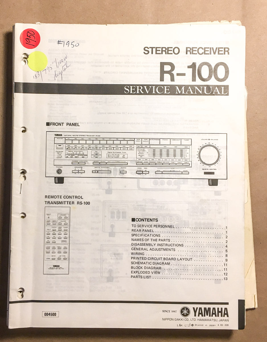 Yamaha R-100 Receiver  Service Manual *Original*