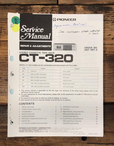 Pioneer CT-320 Cassette  Service Manual *Original*