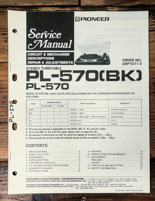 Pioneer PL-570 Turntable Service Manual #2 *Original*