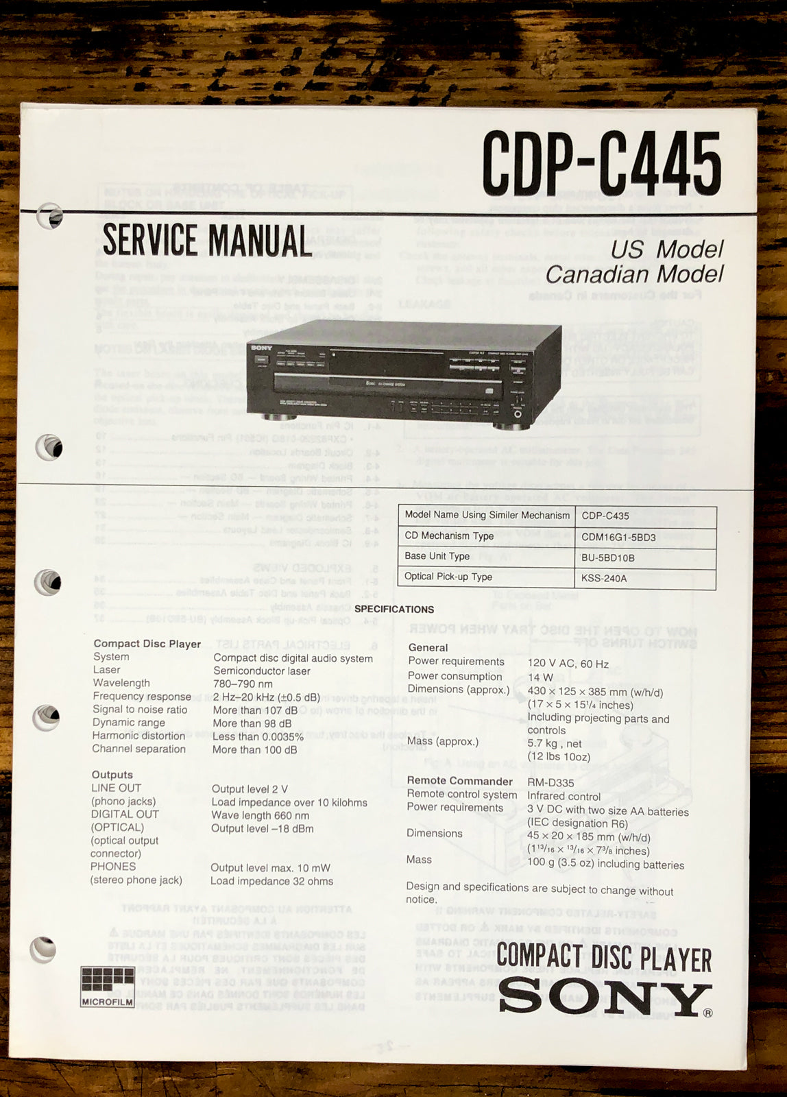 Sony CDP-C445 CD Player  Service Manual *Original*
