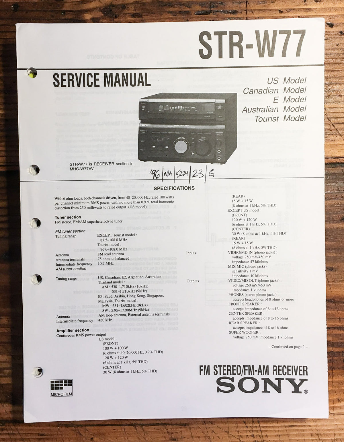 Sony STR-W77 Receiver  Service Manual *Original*