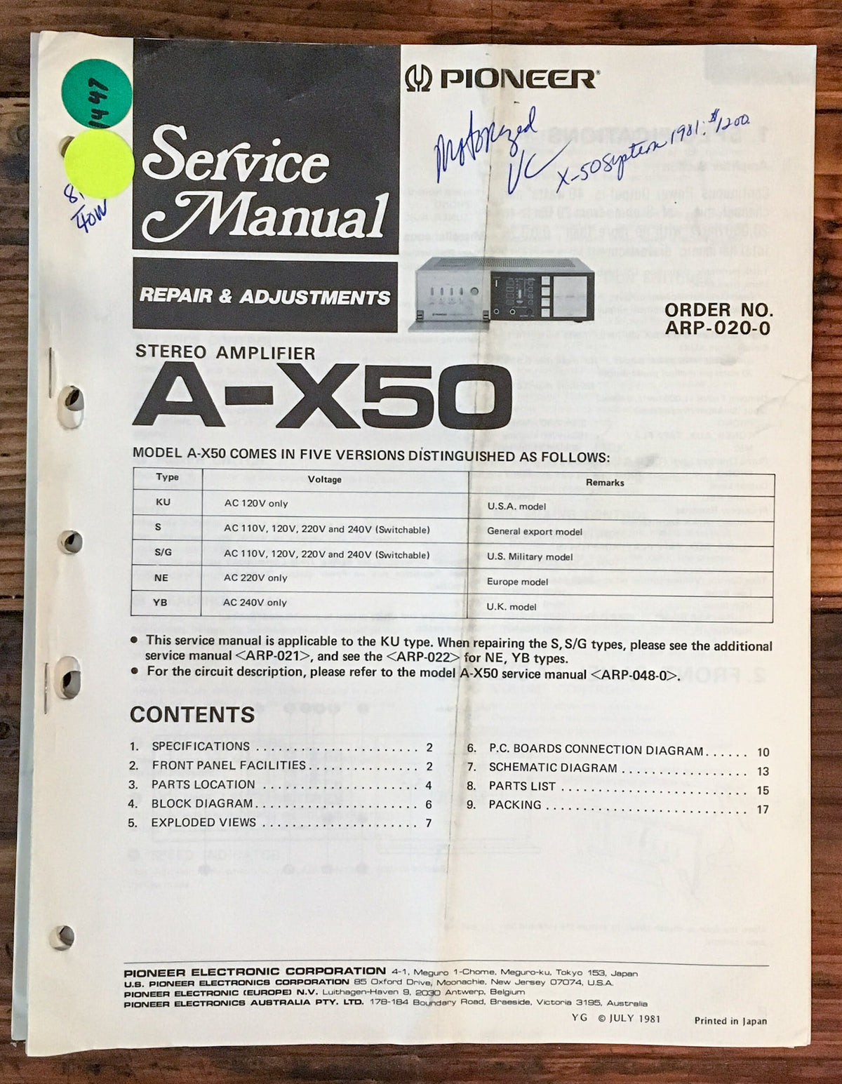 Pioneer A-X50 Amplfier  Service Manual *Original*