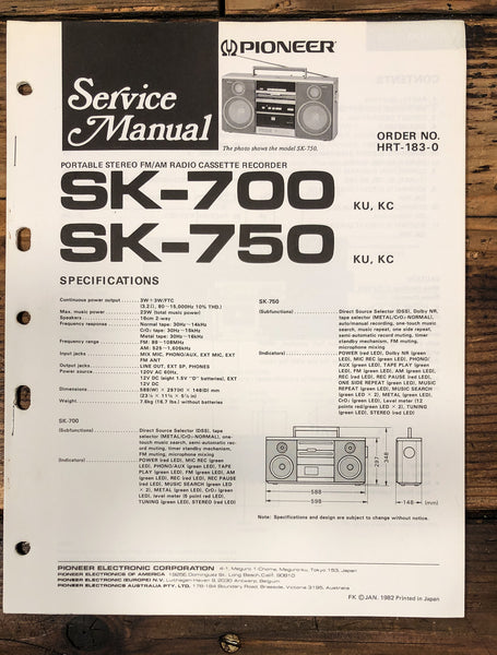Pioneer SK-700 SK-750 Radio Cassette Service Manual *Original*