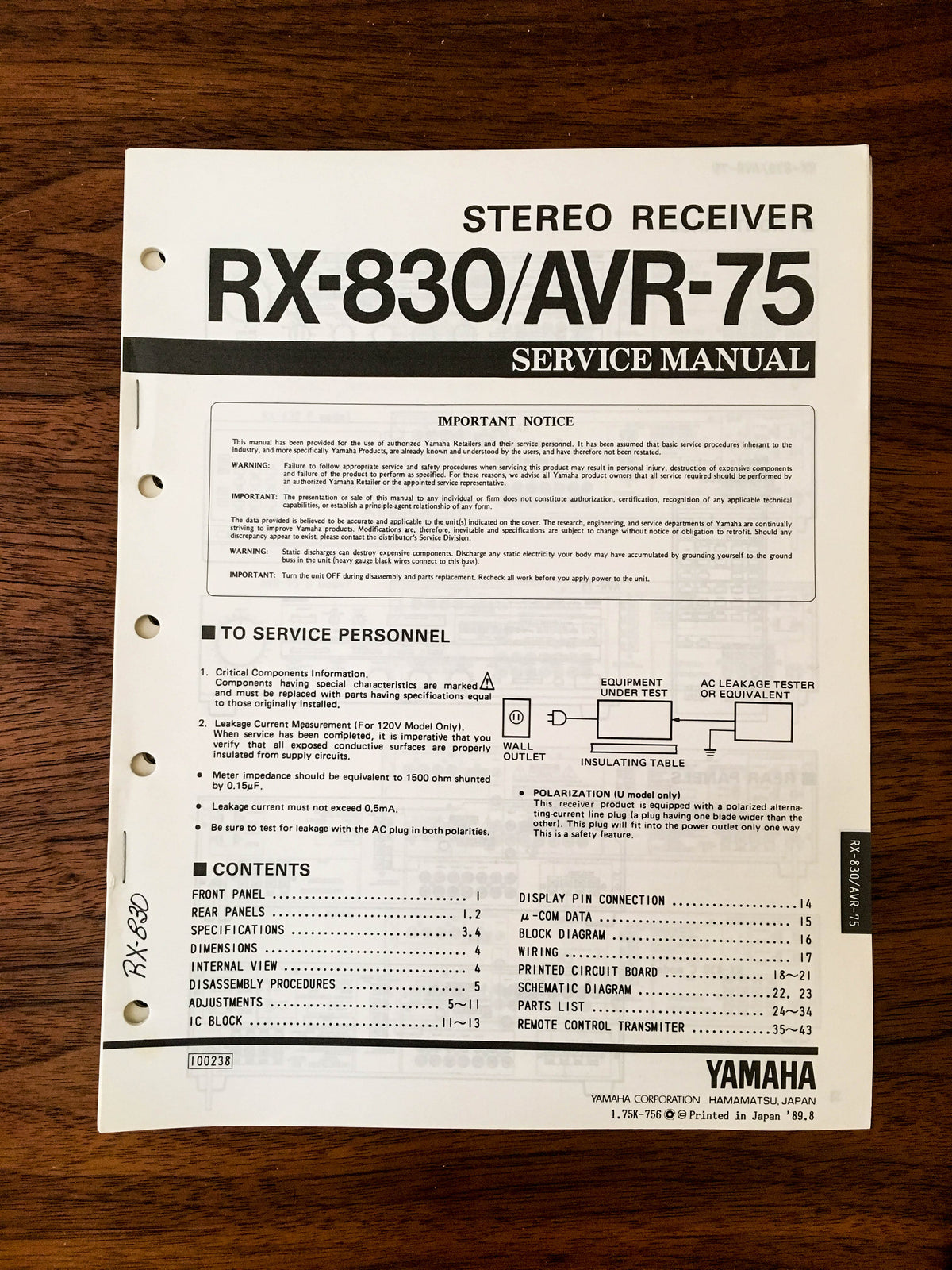 Yamaha RX-830 AVR-75 Receiver Service Manual *Original*