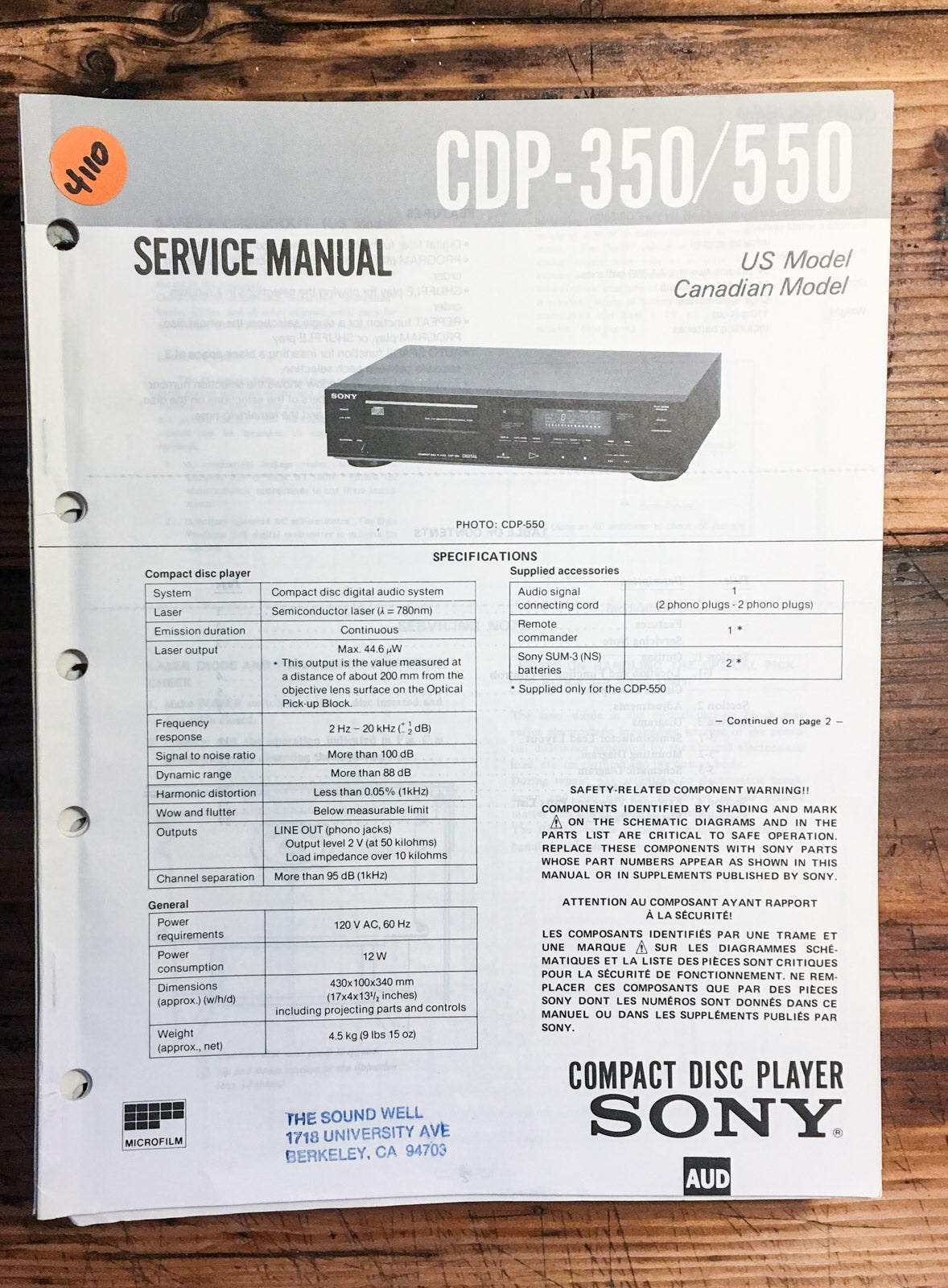 Sony CDP-350 CDP-550 CD Player  Service Manual *Original*