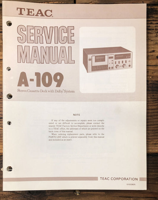 Teac A-109 Cassette  Service Manual *Original*