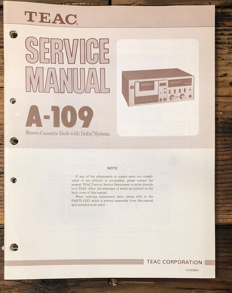 Teac A-109 Cassette  Service Manual *Original*