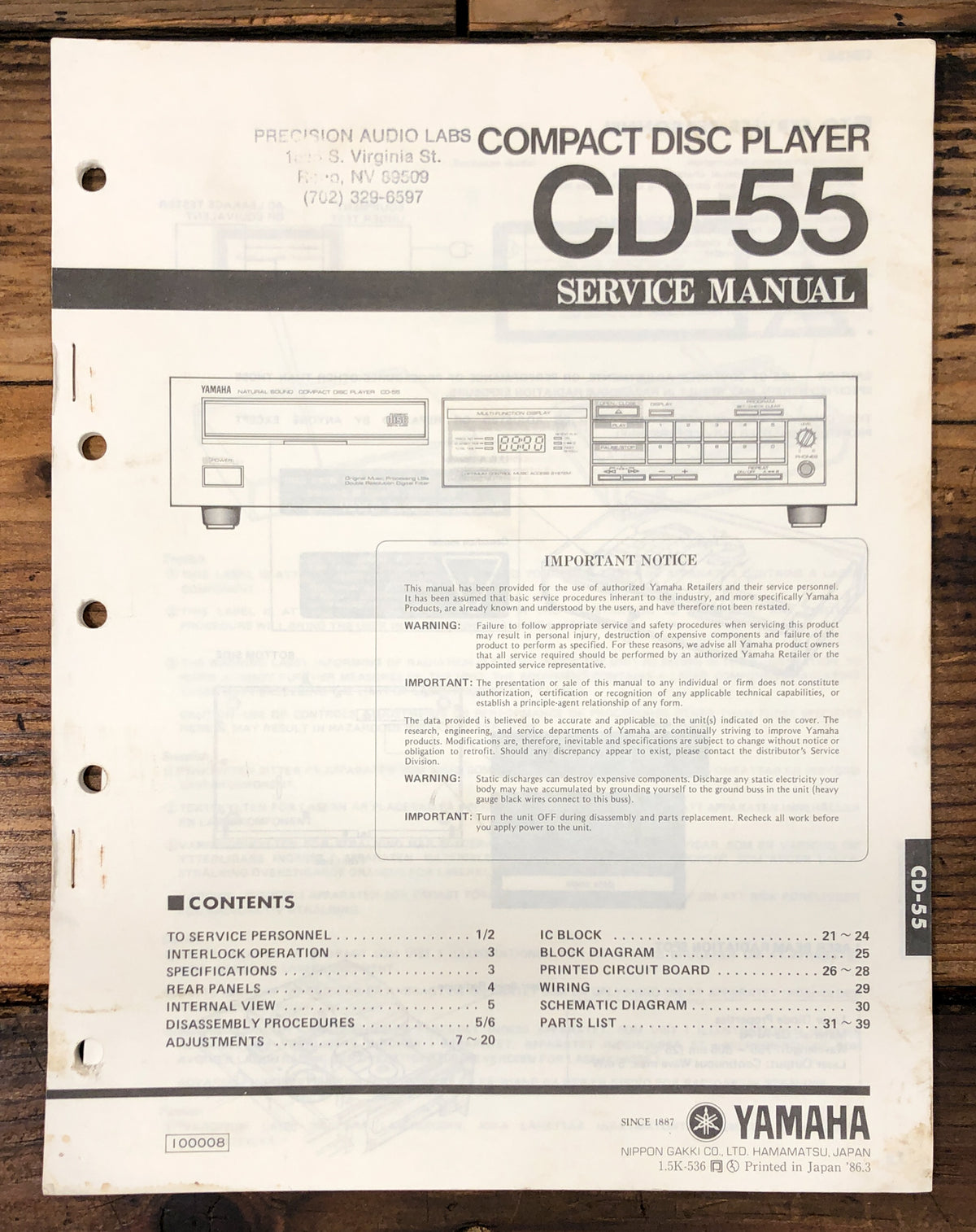 Yamaha CD-55 CD Player  Service Manual *Original*